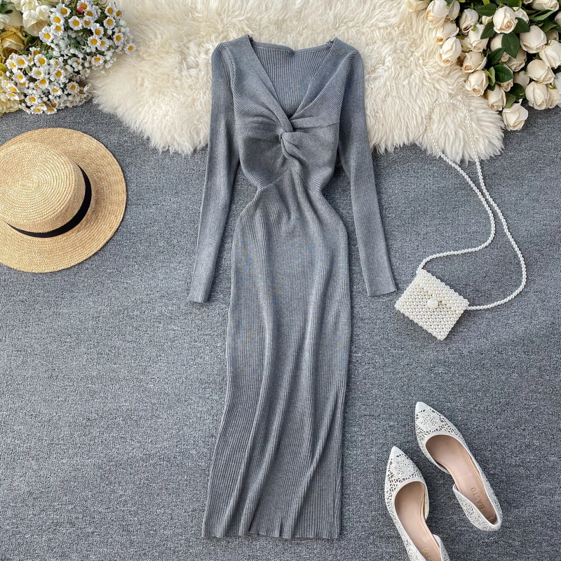 SINGRAIN Женское зимнее трикотажное платье с длинным крестом сексуальные