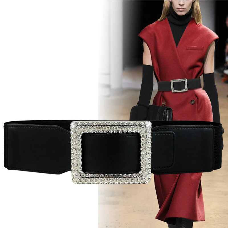 Fashion Diamonds Square Buckle Belt For Women Wide Elastic Stretch Waist Strap Ladies Dress Coat Waistband Clothes Accessories