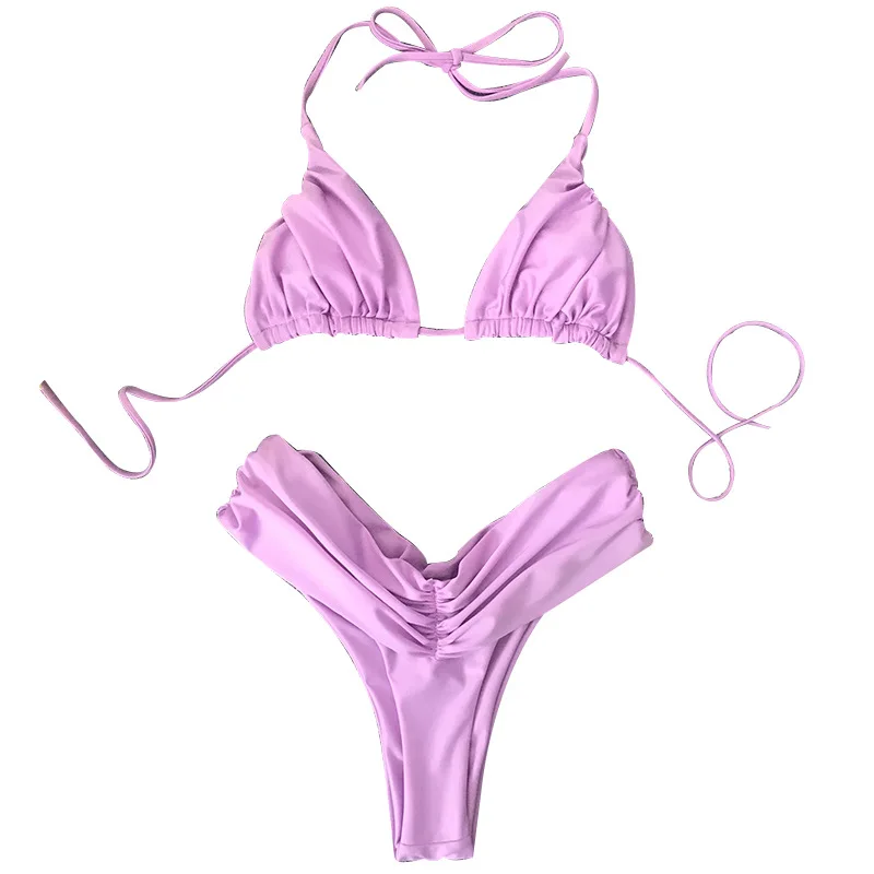 

Female Solid Color Micro Folds Swimwear Sexy High Cut Bikini Set String Swimming Suit For White Swimsuit Two-Piece Suit Women