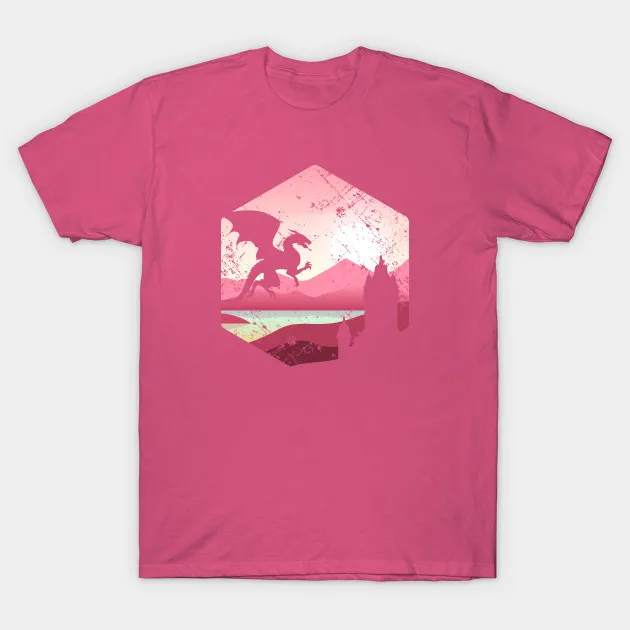 Мужская футболка с изображением замка дракона розовая восходом солнца женская |