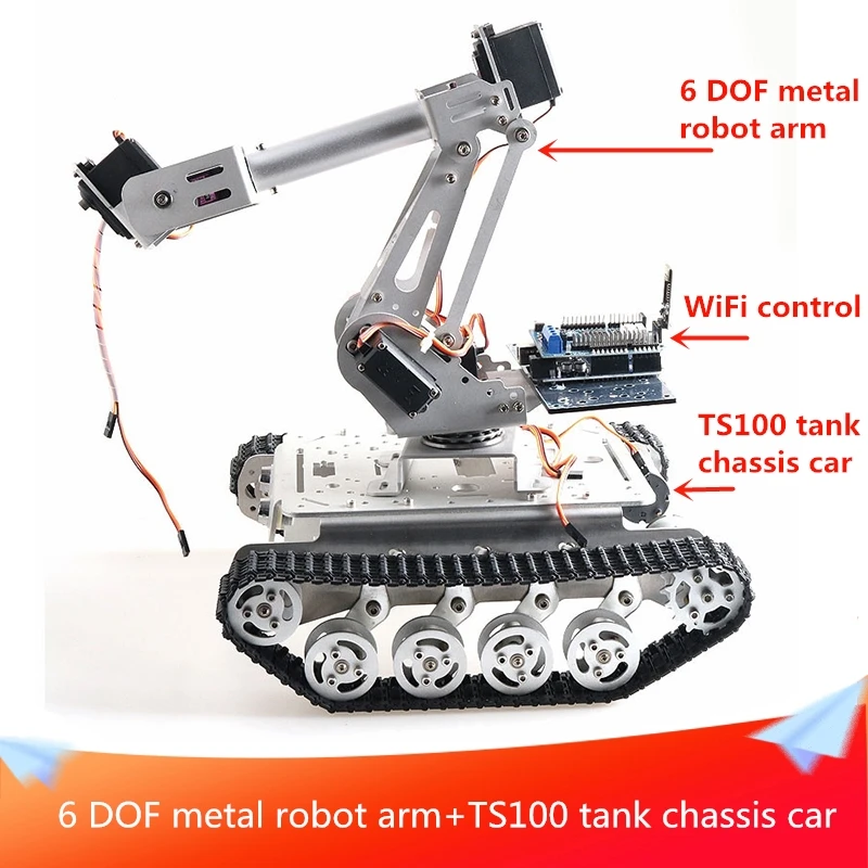 

6 DOF Metal Robot Arm+TS100 Tank Chassis Car with WiFi/Bluetooth/PS2 Handle Control Kit Mobile Robot Platform DIY Education Part