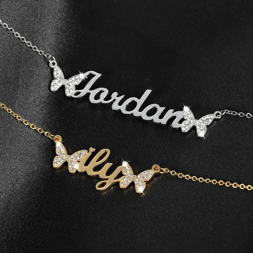 

Personalized Custom Name Necklace Bling Iced Out Double Butterfly Pendant Nameplate Stainless Steel Chain Jewelry Gift For Women