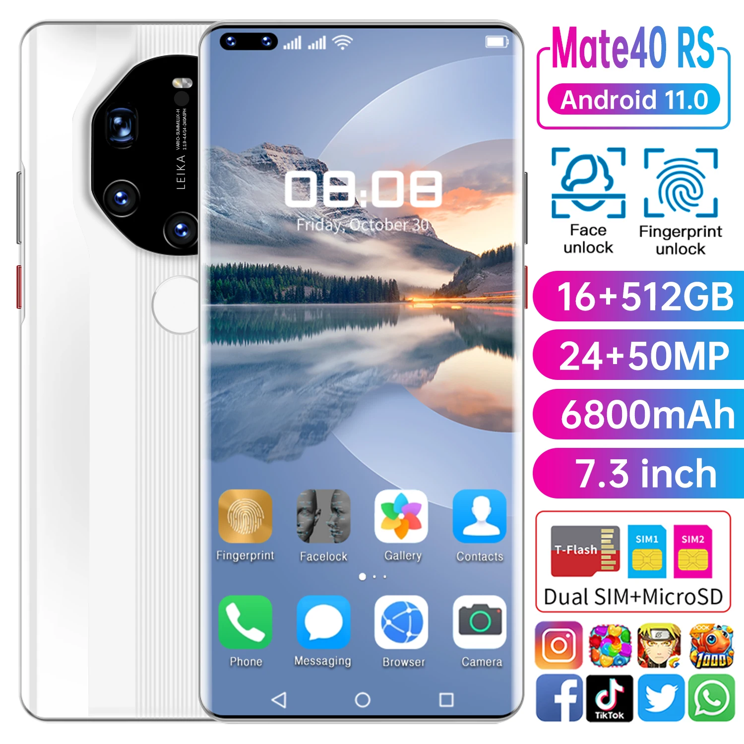 

HUAWE 5G Mate40 RS Global Version Smartphone 50 MP Camera 16G 512G MTK6889+ Deca Core 6800mAh 7.3 Inch Undefined Mobile Phone