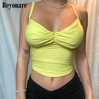 beyouare women folds base tank solid spaghetti strap sleeveless backless crop top 2021 summer slim elegant office lady vest top