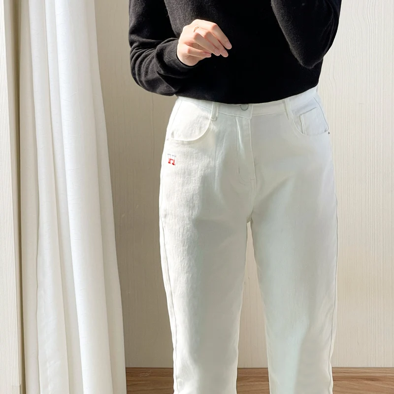 

Новые белые джинсы с надписью, свободные брюки Harlan с высокой талией, брюки 9 точек, маленькие белые брюки для женщин, весна и осень