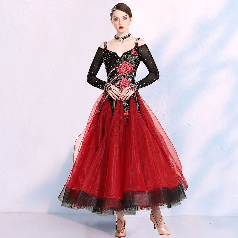 

Новинка 2022, платье для соревнований по современным бальным танцам для женщин, платье для взрослых с длинным рукавом стразы, большая юбка-кач...