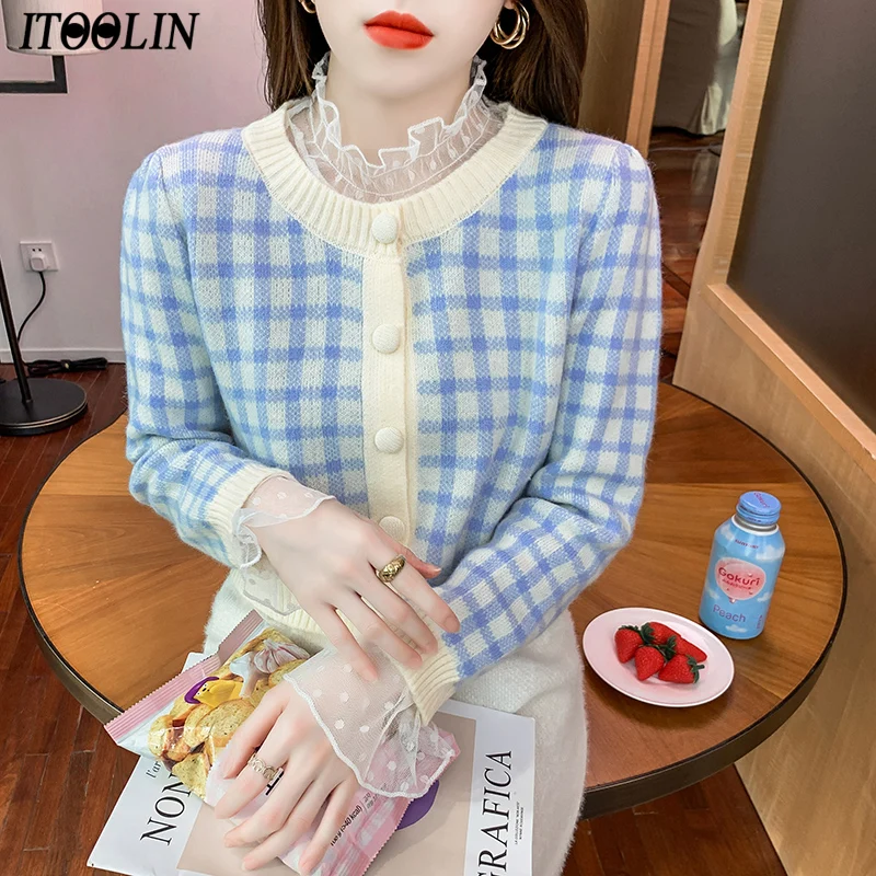 

Свитер ITOOLIN в клетку, кардиган, теплые короткие топы, повседневные зимние шерстяные вязаные свитера, милый свитер на пуговицах с круглым выр...