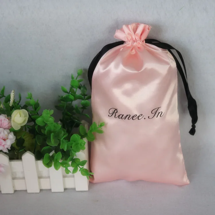 

Luxury Satin Hair Pouch Packaging Jewelry Cosmetic Silk Drawstring Bag Party Wedding Gift Makeup Storage Sachet Print Logo 20PCS