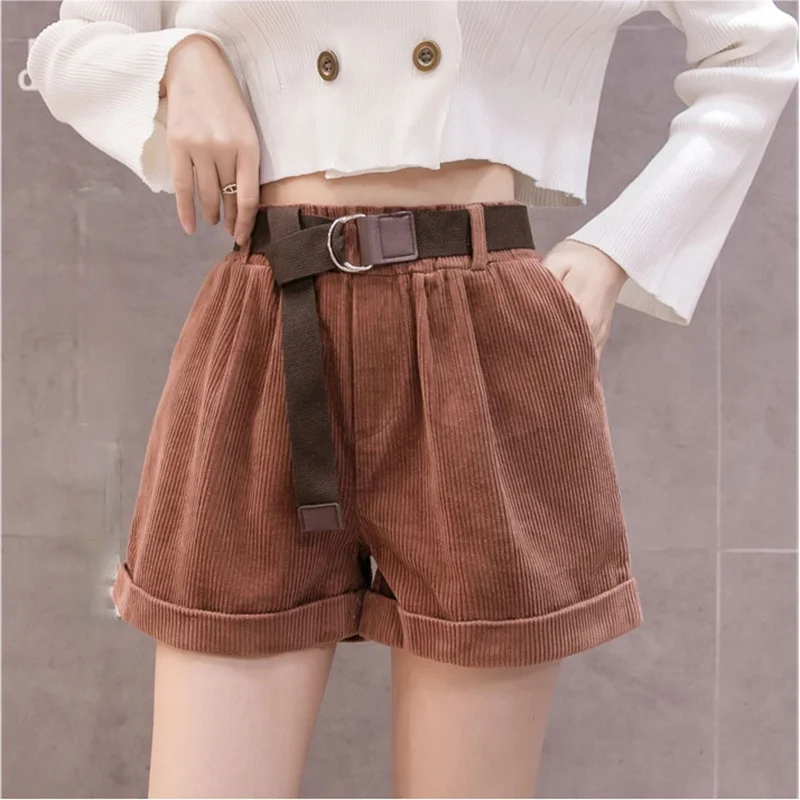 

Corduroy Rolled Wide-leg Short for Women Loose A-line Female Streetwear Korean Retro Elastic Waist Loose Casual Short with Belt