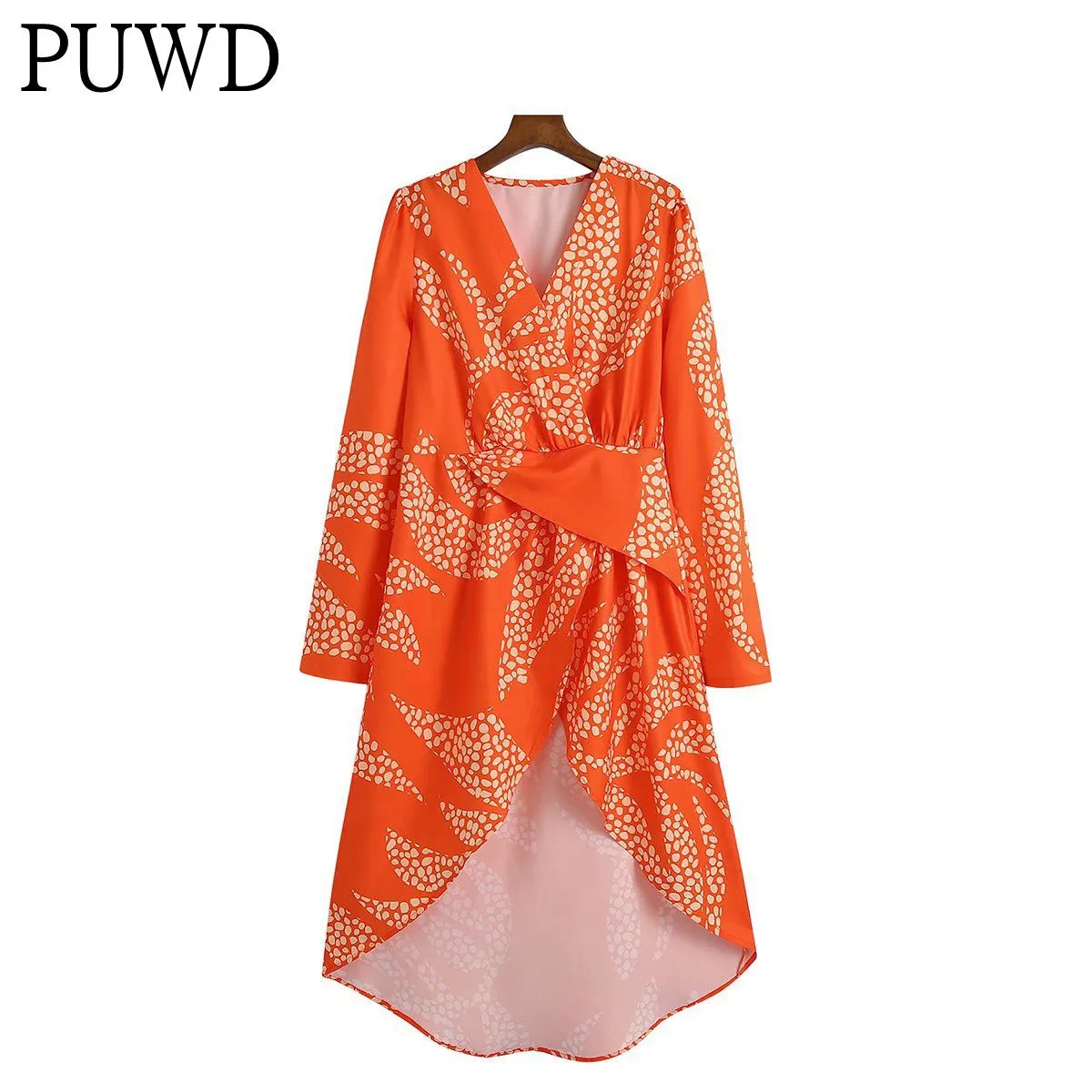 

PUWD Elegant Women Midi Orange Dress Ladies Long Sleeve Dress 2022 Spring Fashion Print V-neck Female Chic Fold Loose Dresses