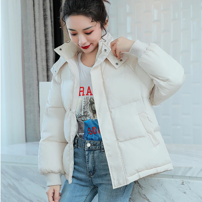

Winter Cropped Down Jacket Women Korean Fashion Solid Color Bubble Coats 2021 New Hooded Parkas Female