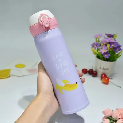 purple 350 мл/500 мл изолированный термос бутылка для воды фруктовый узор 304 нержавеющая сталь Вакуумная чашка с всплывающей крышкой термосы - Цвет: purple