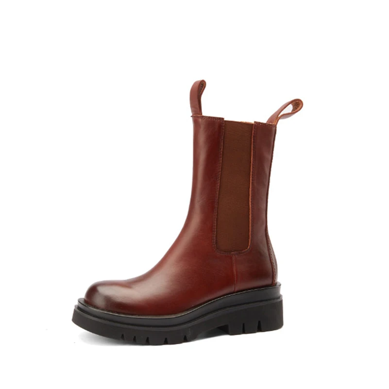 

ANNYMOLI Real Leather Med Heel Chelsea Boots Woman Ankle Boots Platform Thick Heel Short Boots Female Shoes Autumn Winter Black