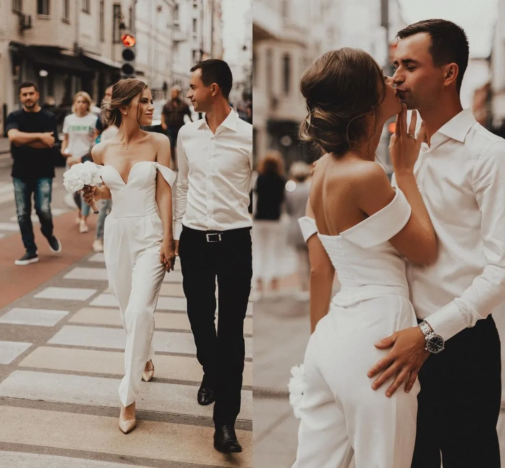 Off Shoulder Boho Stain Wedding Jumpsuit 2021 Summer Holiday Beach Countryside Bride Dress Robe De Mariee new with Pant Suit