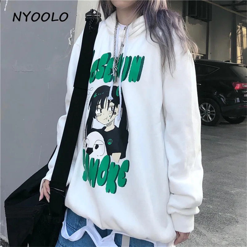 NYOOLO Harajuku стиль аниме девушка буквы печати Свободные теплые толстовки осень зима с капюшоном плюс бархат пуловер Толстовка для женщин мужчин
