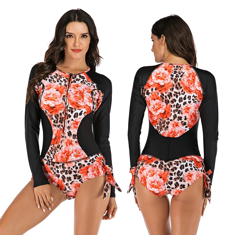 

High Waist Women Swimwear Leopard&Floral Print Swimsuit Zipper Bandage Patchwork Branzilian Bathing Suit Monokini Plus Size 2XL