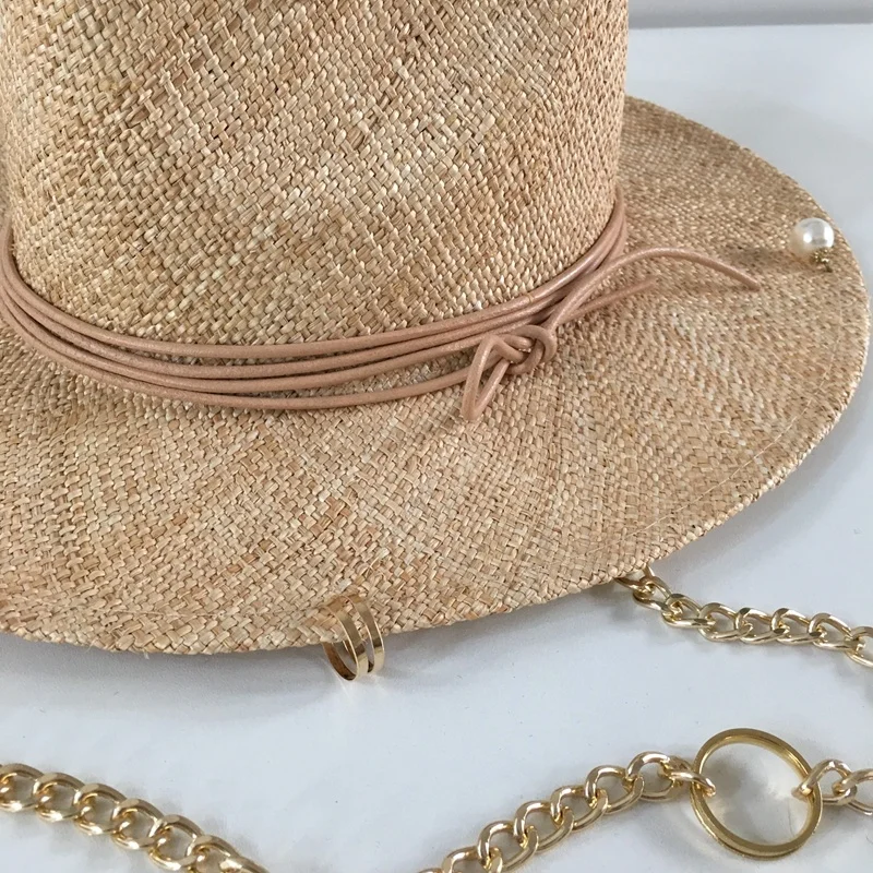 

2021 new arrival summer raffia sunhat for women with chain and pin straw Panama Hat free shipping Fedora