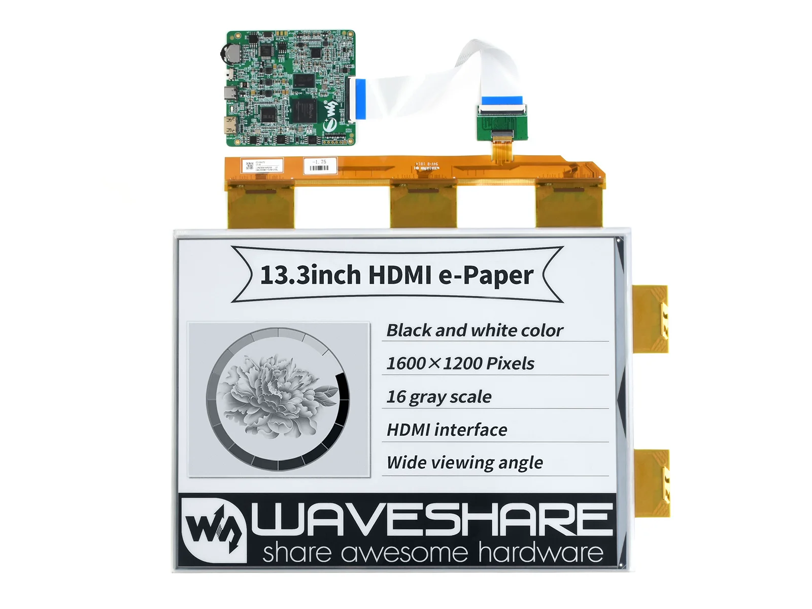 

13,3 дюймовый E-Ink дисплей, интерфейс дисплея HDMI, 1600 × 1200 пикселей, поддерживает Raspberry Pi/Jetson Nano/PC