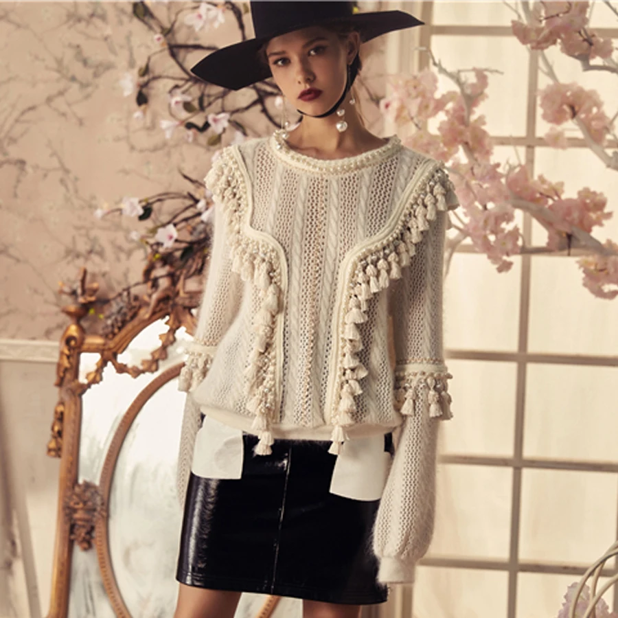 TEELYNN boho пуловер для женщин с жемчужными заклепками инкрустация бахрома 2019 осень