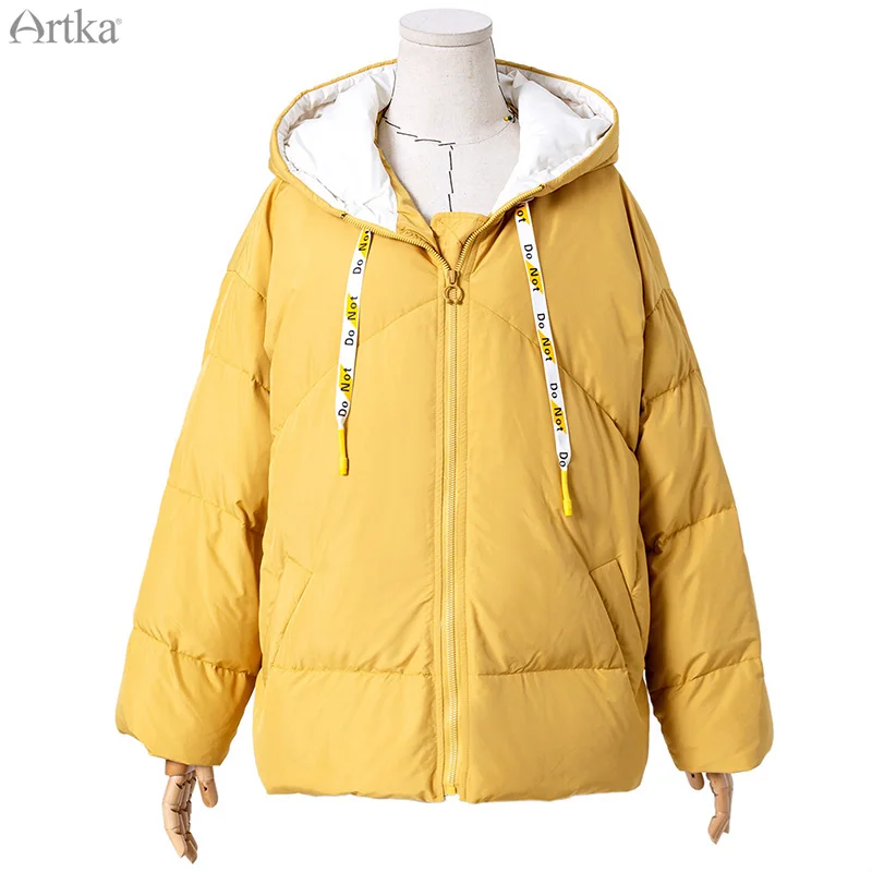 ARTKA зима новое женское пуховое пальто 90% белый утиный пух очень теплая куртка желтое повседневное плотное пуховое пальто с капюшоном DK10398D