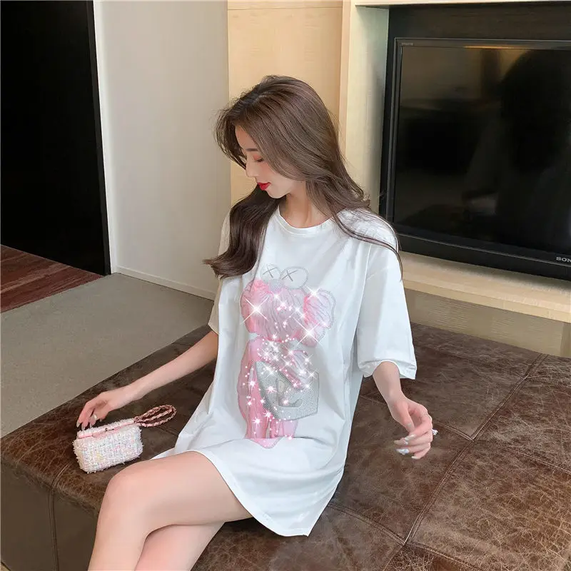 

Spring Summer New Mid-length Bottoms Missing Hot Diamond Cartoon Cotton Short-sleeved T-shirt for Women Harajuku Shirt