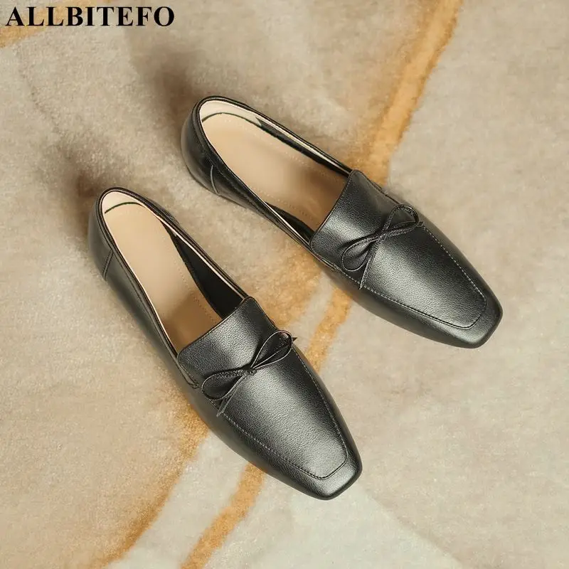 

ALLBITEFO Square Toe Butterfly-knot Comfortable Soft Genuine Leather Office Work High Heel Shoes Street Women Heels Shoes