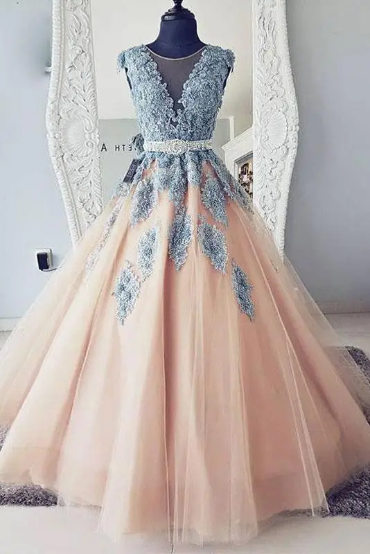 

Evening Dresses V-neck Blue Lace Ball Gown Long Champagne Tulle Cap Sleeves with Beading Rhinestone Belt Custom made size /color