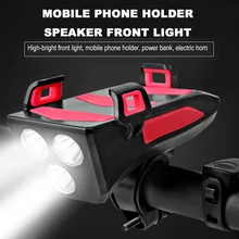 3 Color Bicycle Light Phone Holder Horn Headlight Multi- Fuction Bike Warning Lights Power Bank Usb Charging Bicycle Accessories