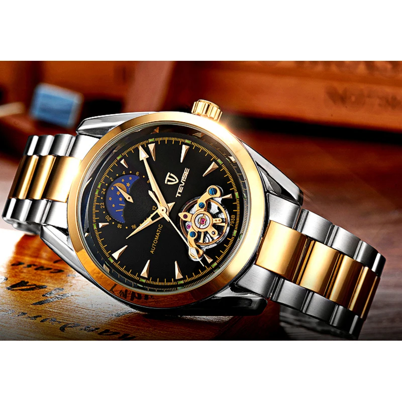 TEVISE Мужские механические часы Moon Phase автоматические из нержавеющей стали мужские