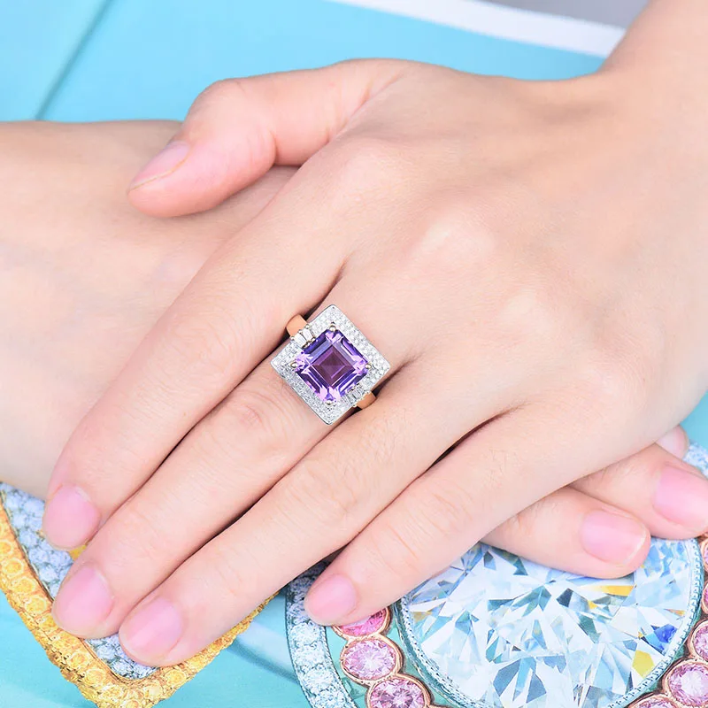 LOVERJEWELRY Принцесса Cut Твердые 14 К золото 6.10Ct Алмаз Фиолетовый аметист обручальные кольца для женщин Рождественский подарок ювелирные изделия