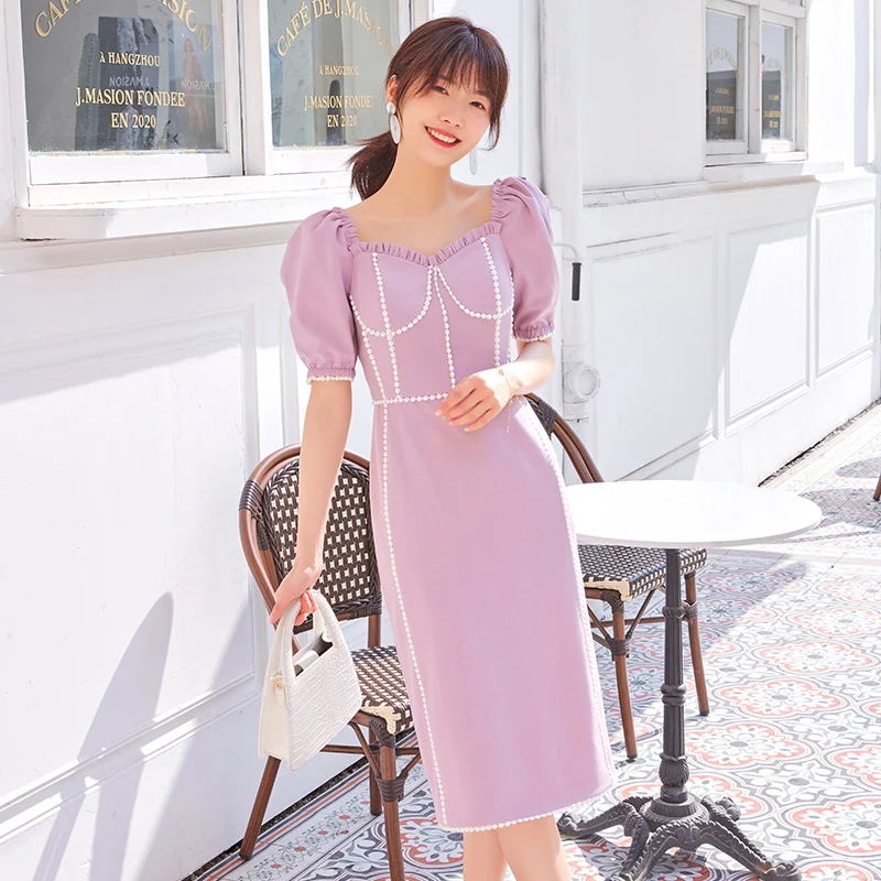 YIGELILA Vintage Women Summer Dress Elegant Square Collar Short Sleeve Dress Empire Slim Straight Dress Mid-length 66341