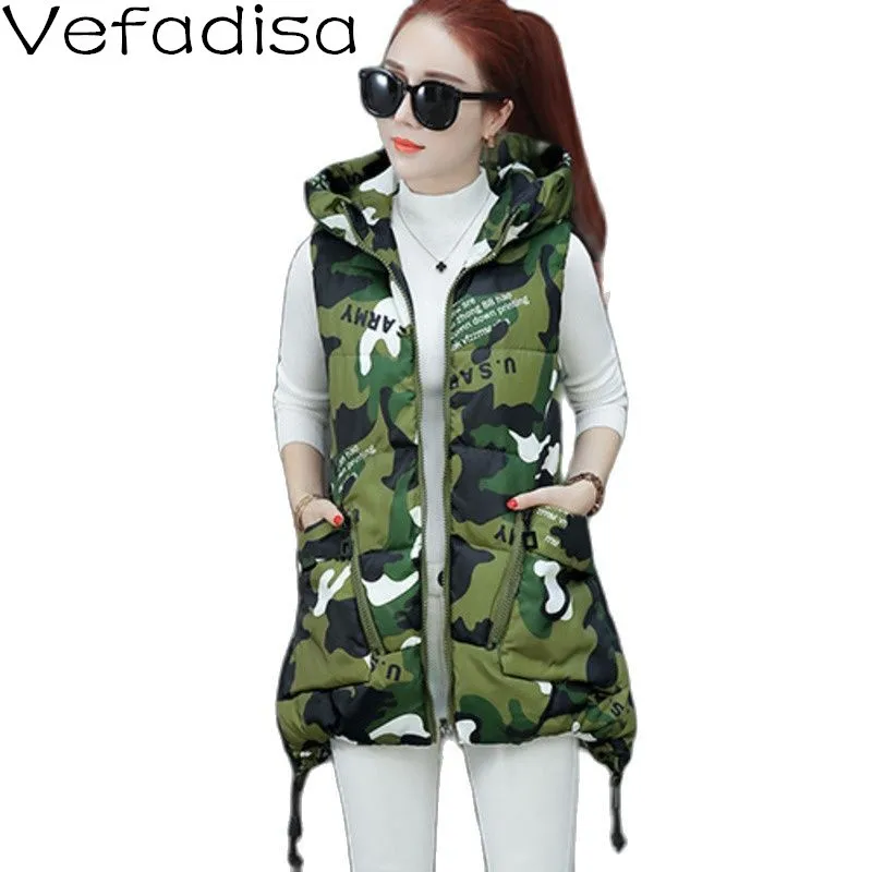 

Vefadisa Green Camouflage Print Women Vest 2021 Autumn Fashion Letter Print Female Waistcoat Slim Hooded Vest Coat QYF6145