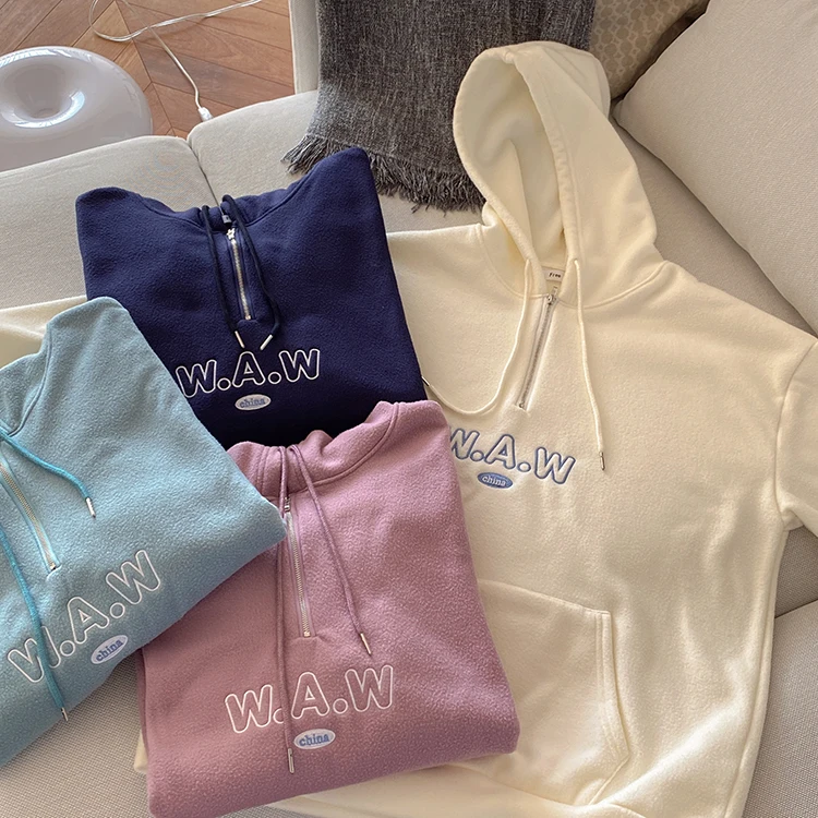 

4colors 2020 autumn and winter loose korean style letter embroidery plus velvet thick hoodies womens sweatshirts (F4158)