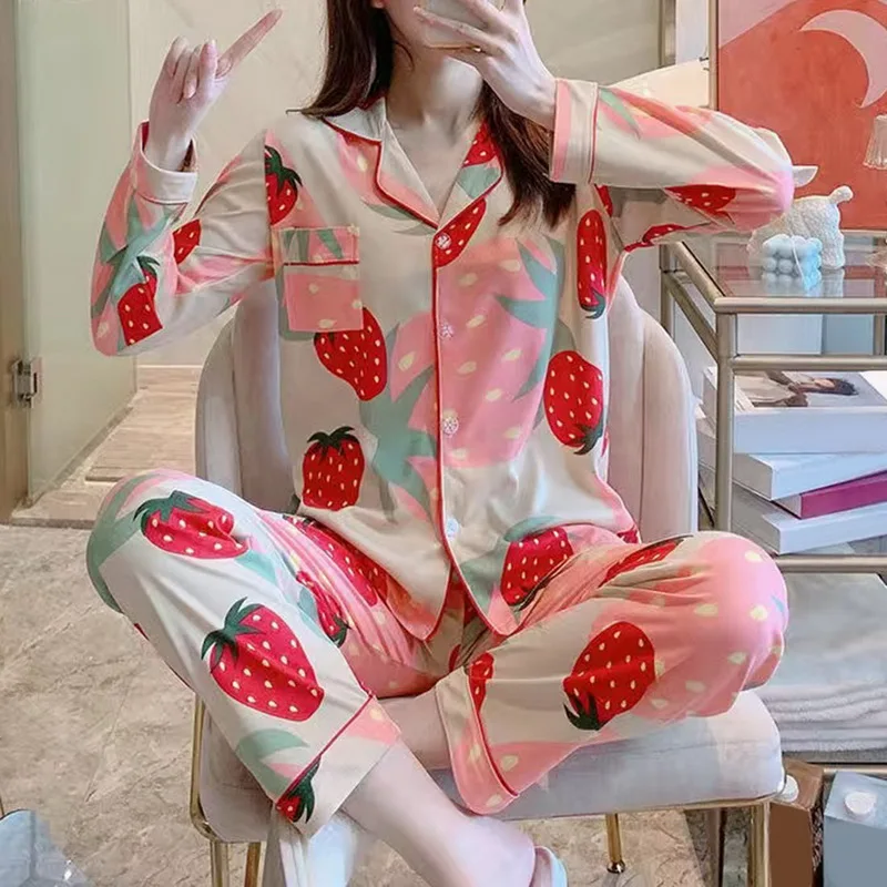 Pajamas Set Female Spring and Summer New Style Women's Casual Fold-Down Cardigan Long Sleeve Large Size Cartoon Nightshirt Girl