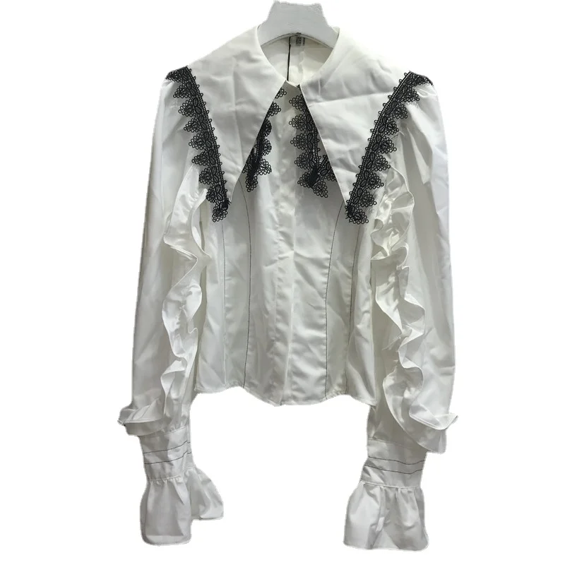 

Lace Stitching White Shirts Women Long Bell Sleeve Top Femme 2021 Autumn Lapel Blouses Ladies Blusas Nancylim