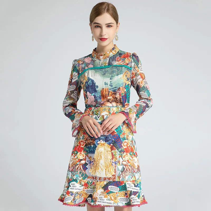 

Summer New Women's Stand Collar Lotus Leaf Long Sleeve Stitching Tassel Shirt Lotus Leaf Swing Slim Fit Mid-Length Dress Set