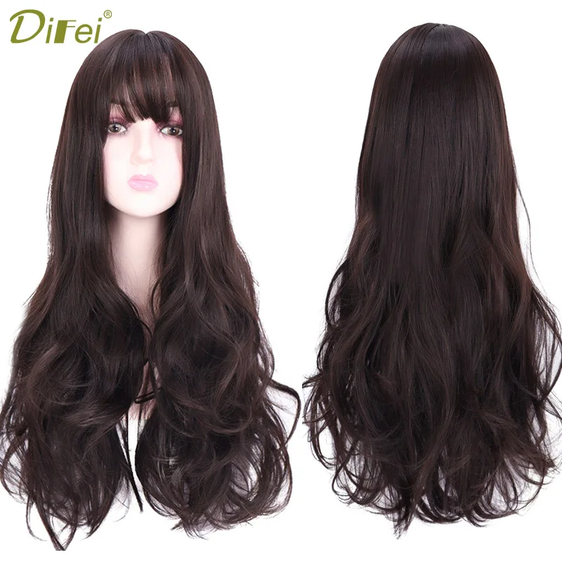 DIFEI синтетические волосы длинные волнистые парик с челкой термостойкие парики