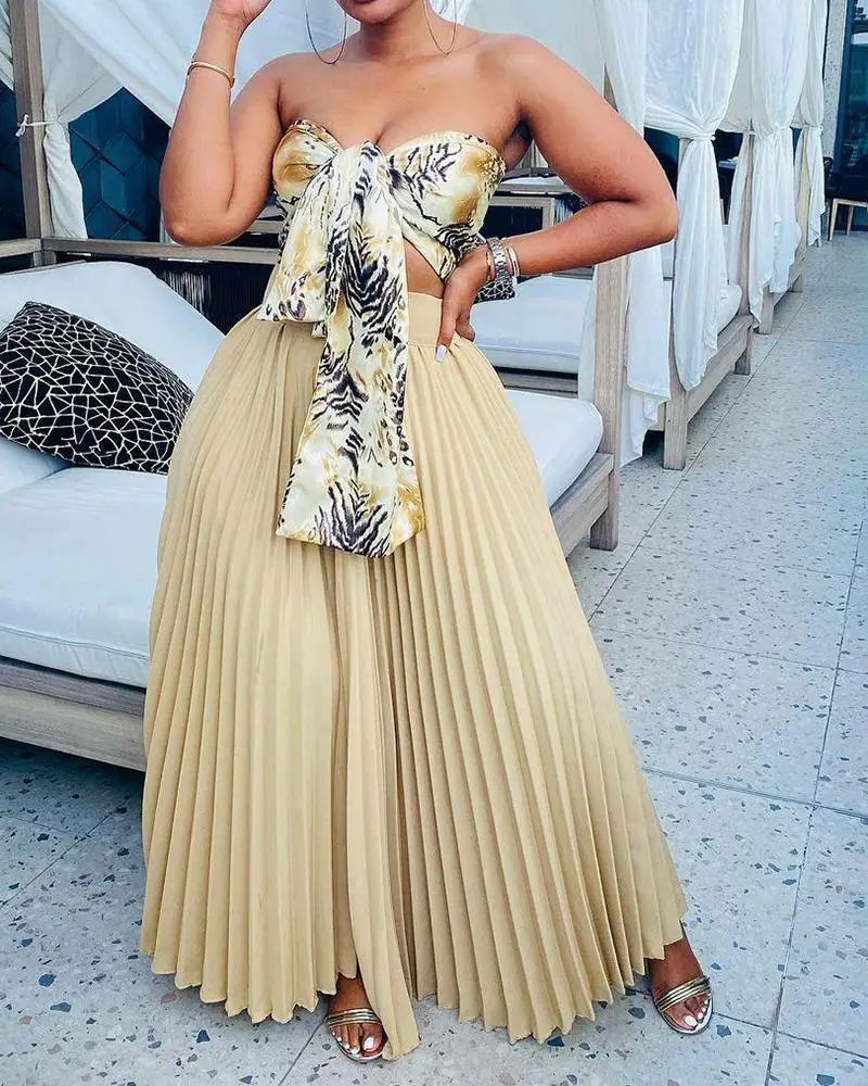 

2021 Woman Summer Printed Sweet Two-Piece Tube Top Lace Pleated Dress