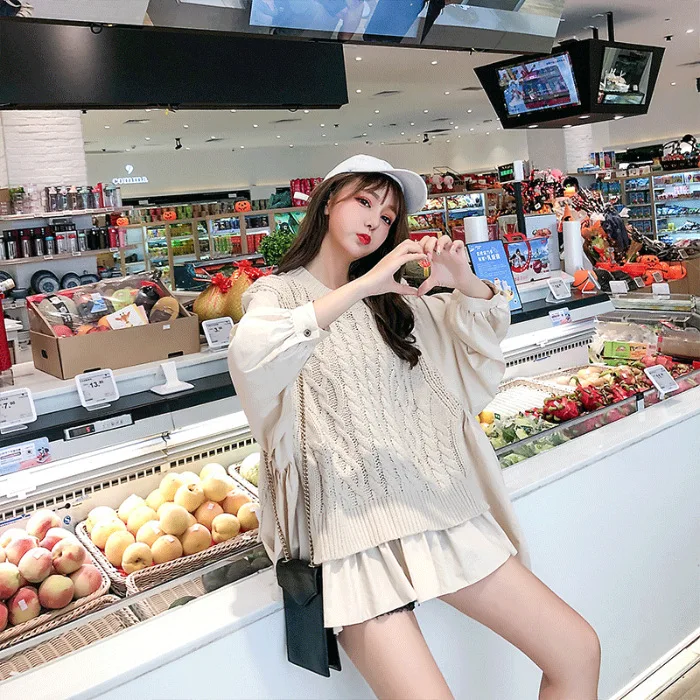 

Women's Sweaters Vest Stitching Shirt Fake Two-piece Korean Fashion Loose Casual Pullover Blouse Fall 2020