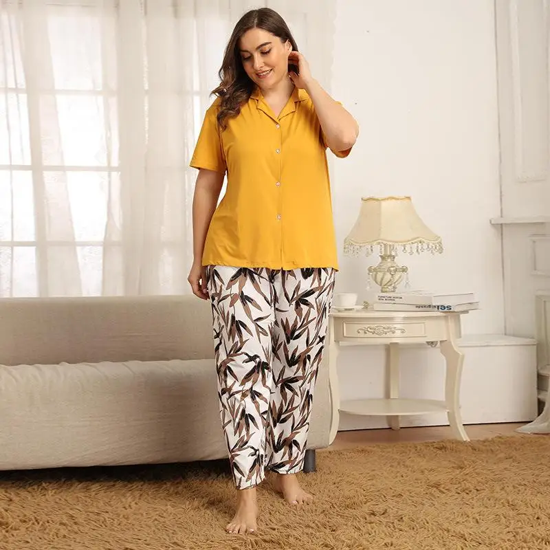 

XL-4XL 2 Piece spring summer Women Sleepwear pijamas set women short sleeve Pajamas Suit plus size outfits Female Homewear