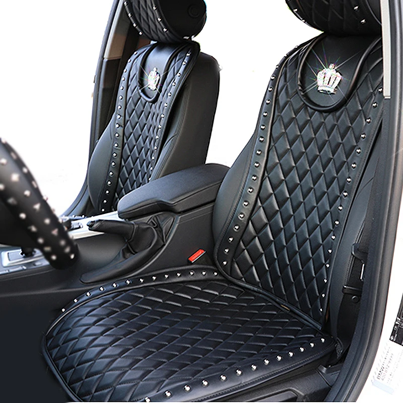 

Leather Car Seat Cover Diamond Crown Rivets Auto Seat Cushion Interior Accessories Universal Size Front Seats Covers Car Styling