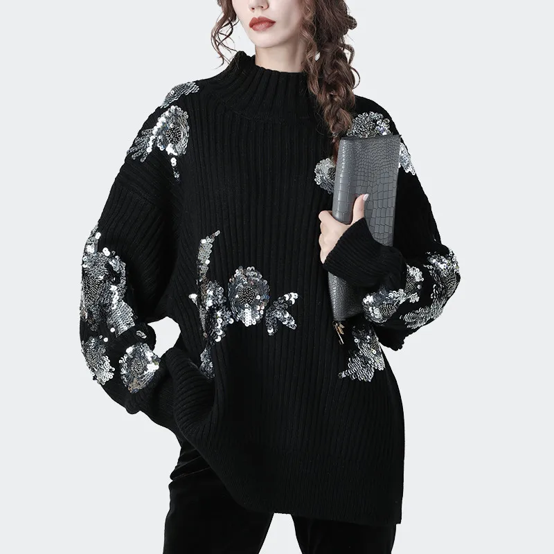 

Women's Sequined Knit Oversized Sweater Bat-sleeve Loose Spring Autumn Beaded Pullover Lazy Thickening Crop Tops Sueter Mujer
