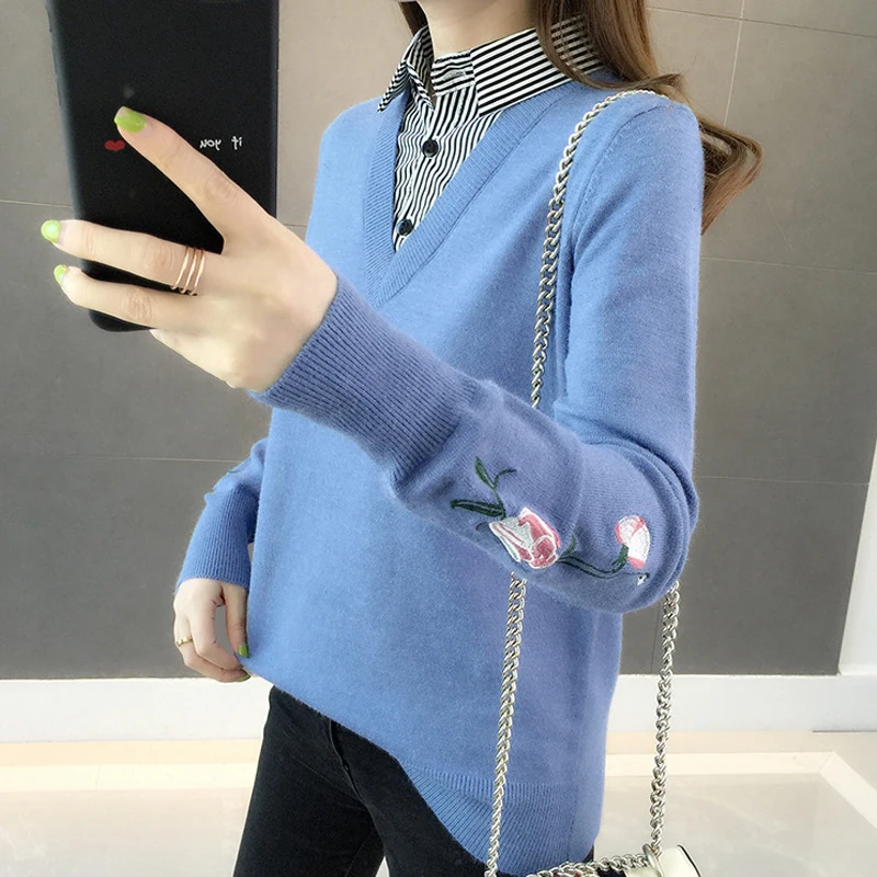 

Women Korean Casual V-Neck Knit Sweater Long Sleeve Autumn Winter Female Knit Jumper Solid Loose Basic Fake Two Pullovers Ladies