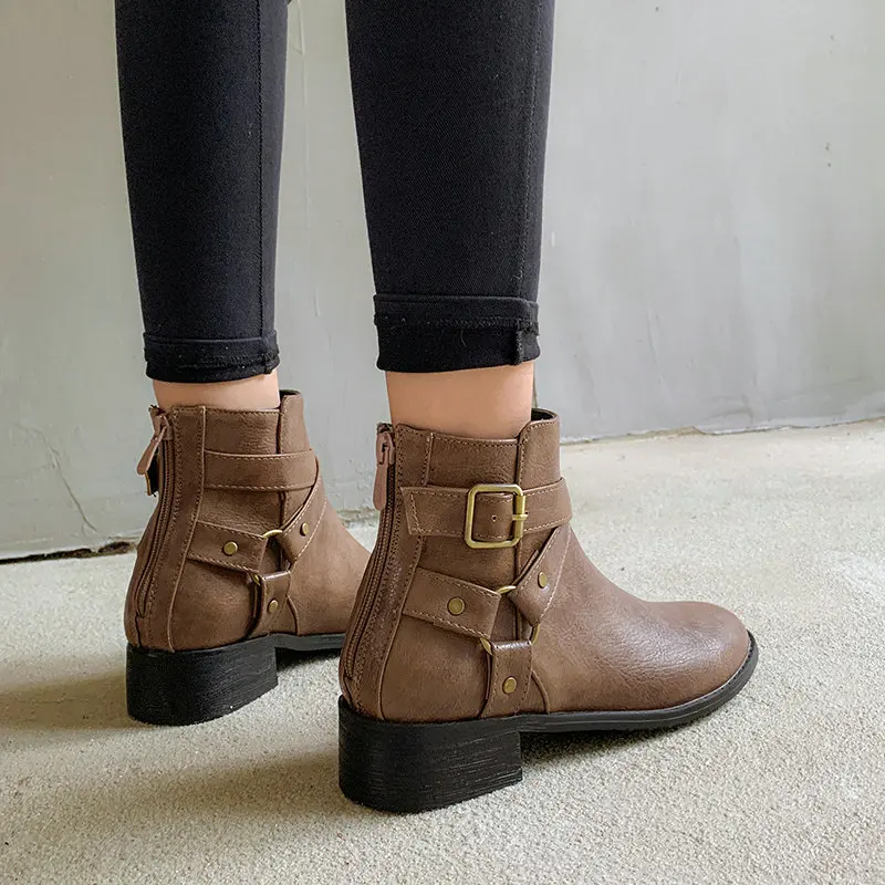 

2021 new Fashion All Match Women Ankle Boots Square High Heel Women Shoes Round Toe Zipper Pu Leather Women Boots Size 34-43