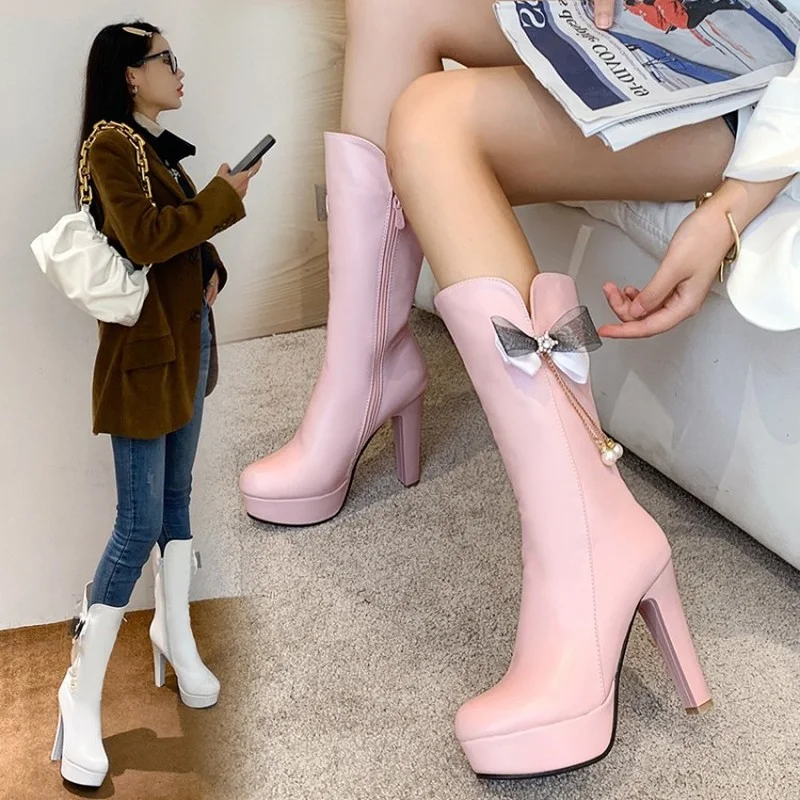 FXYCMMCQ Size 34-43 Bowknot High Heel Boots Waterproof Platform Korean Women's Shoes A-28