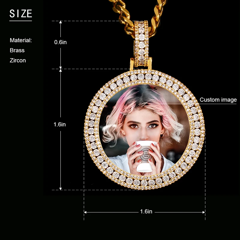 Round Custom Made Photo Pendant Necklace Medallions Engraved Crystal Tennis Chain Iced Out Top Quality Mens Hip Hop Jewelry images - 6