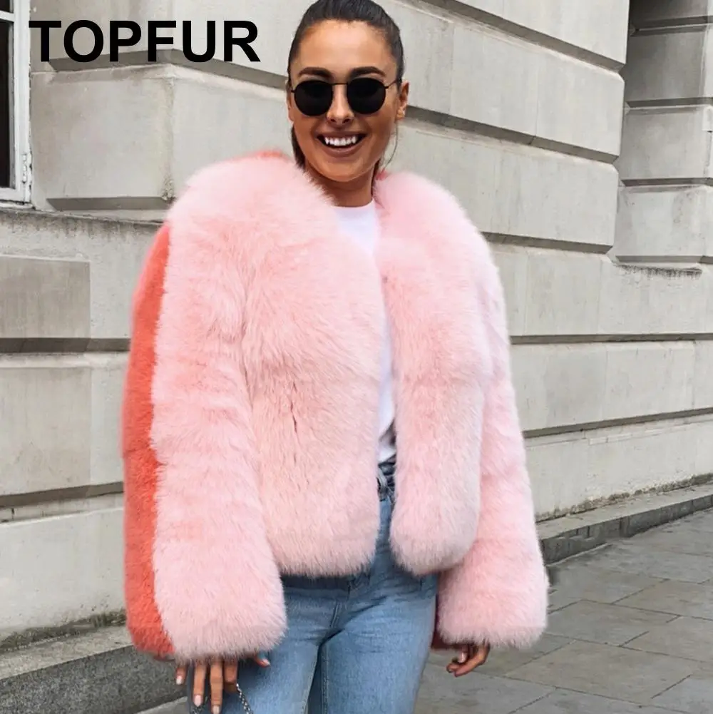 TOPFUR Real Fur Female Thick Winter Coat Plus Size Natural Fox Fur Coats Pink Coral Two-Tone Stitching Genuine Leather Jackets