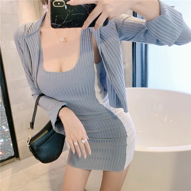 

2020 New Knitted Two Pieces Set Women Hoodies Cardigan + Hit Color Mini Vest Dress Cardigan Sweater Bodycon Dresses Sets Lady