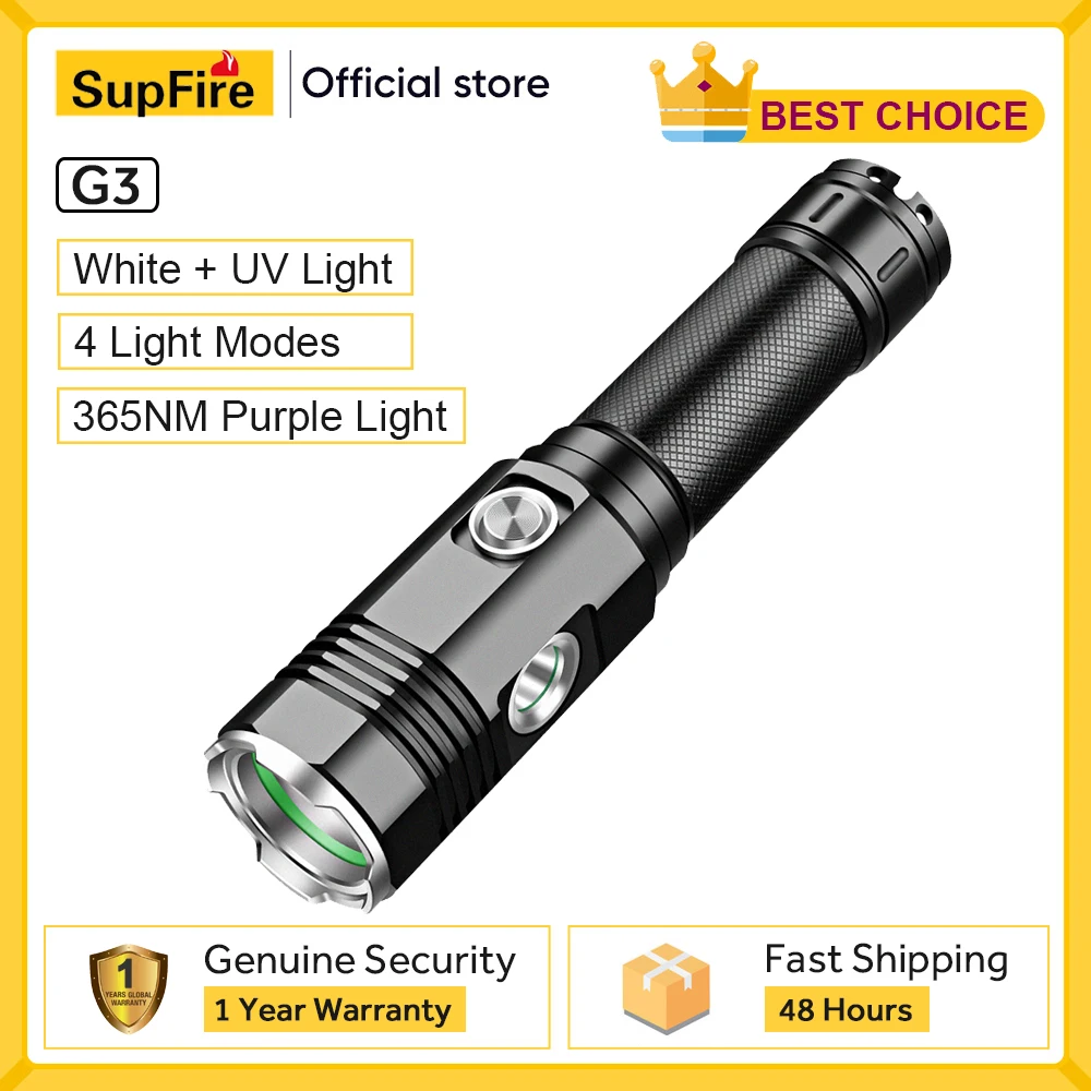 

Supfire G3 New Powerful Flashlight White + UV Dual Light Source, 365nm Scorpion Money Detector Pet Stains Hunting Marker Checker