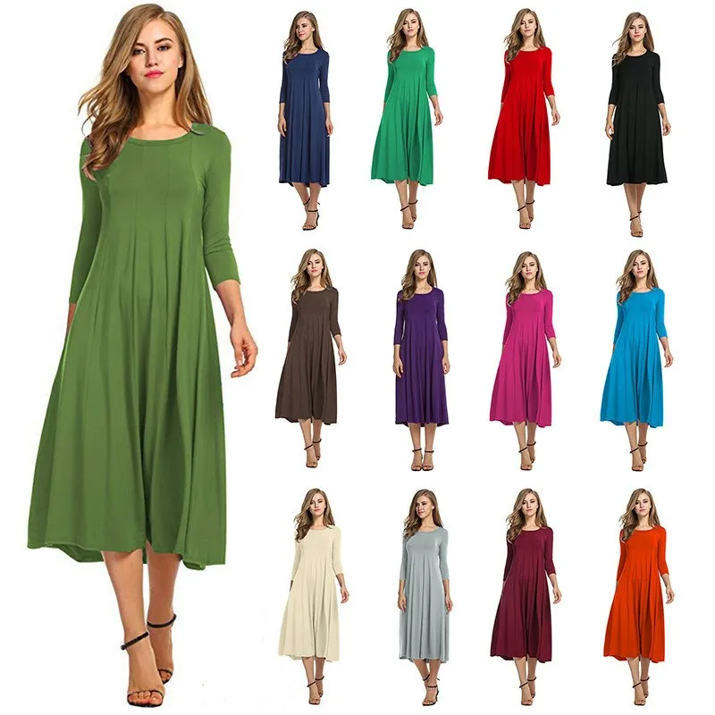 

Three Quarter Sleeve Dresses for Women Casual Autumn Pleated Midi плать Elegant O Neck Party Femme Robe 2021Plus Size Girl Dress